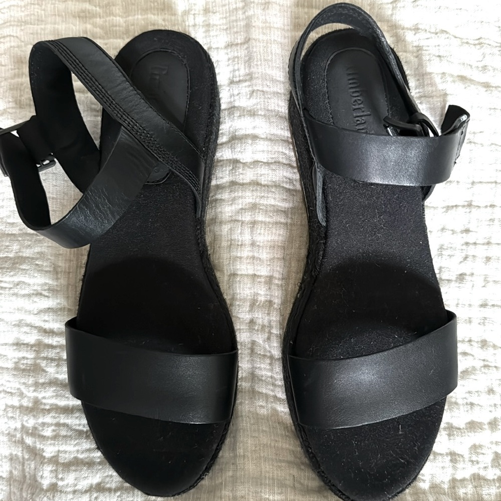 Gently worn size 8 1/2 Timberland black jute wrapped sandals
